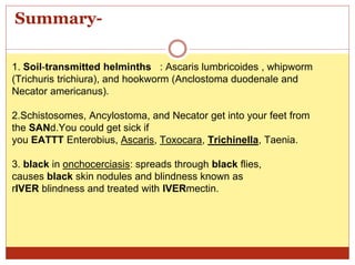 Summary-
1. Soil-transmitted helminths : Ascaris lumbricoides , whipworm
(Trichuris trichiura), and hookworm (Anclostoma duodenale and
Necator americanus).
2.Schistosomes, Ancylostoma, and Necator get into your feet from
the SANd.You could get sick if
you EATTT Enterobius, Ascaris, Toxocara, Trichinella, Taenia.
3. black in onchocerciasis: spreads through black flies,
causes black skin nodules and blindness known as
rIVER blindness and treated with IVERmectin.
 