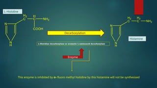 Decarboxylation
L-Histidine decarboxylase or aromatic L-aminoacid decarboxylase
Enzyme
This enzyme is inhibited by α- fluoro methyl histidine by this histamine will not be synthesised
L-Histidine
Histamine
 