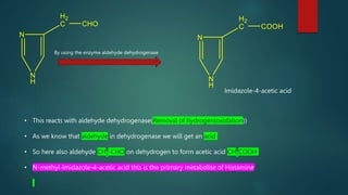 By using the enzyme aldehyde dehydrogenase
Imidazole-4-acetic acid
• This reacts with aldehyde dehydrogenase(Removal of hydrogen(oxidation))
• As we know that aldehyde in dehydrogenase we will get an acid
• So here also aldehyde CH2-CHO on dehydrogen to form acetic acid CH2COOH
• N-methyl-Imidazole-4-acetic acid this is the primary metabolite of Histamine
 