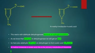 • This reacts with aldehyde dehydrogenase(Removal of hydrogen(oxidation))
• As we know that aldehyde in dehydrogenase we will get an acid
• So here also aldehyde CH2-CHO on dehydrogen to form acetic acid CH2COOH
• N-methyl-Imidazole-4-acetic acid this is the primary metabolite of Histamine
N-methyl-Imidazole-4-acetic acid
 