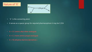 Nature of ‘X’
• ‘ X ’ is the connecting atom
• It serves as a spacer group for required pharmacophore it may be C,O,N
• X = O ( amino alkyl ether analogue)
• X = C ( mono amino propyl analogue)
• X = N( ethylene diamine derivatives )
 