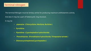 Terminal nitrogen
The terminal Nitrogen must be tertiary amine for producing maximum antihistaminic activity.
And also it may be a part of heterocyclic ring structure .
It may be
• piperazine (Chlorcyclizine, Meclizine, Buclizine )
• Pyrrolidine
• Piperidines (Cyproheptadine hydrochloride)
• Phenothiazines (Promethazine hydrochloride, Trimeprazine tartrate )
• Dibenzocycloheptenes(Cyproheptadine )
 