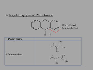 5. Tricyclic ring systems - Phenothiazines
R
1.Promethazine
2.Trimeprazine
17
N
S
R
H2
C N
CH3
CH3
CH3
H2
C
N
CH3
CH3
CH3
Unsubstituted
heterocyclic ring
 
