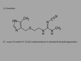 1) Cimetidine
N’’-cyano-N-methyl-N’-[2-[[(5-methylimidazol-4-yl)methyl]-thio]ethyl]guanidine
35
 