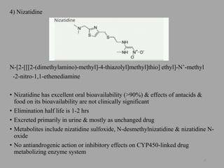 4) Nizatidine
N-[2-[[[2-(dimethylamino)-methyl]-4-thiazolyl]methyl]thio] ethyl]-N’-methyl
-2-nitro-1,1-ethenediamine
• Nizatidine has excellent oral bioavailability (>90%) & effects of antacids &
food on its bioavailability are not clinically significant
• Elimination half life is 1-2 hrs
• Excreted primarily in urine & mostly as unchanged drug
• Metabolites include nizatidine sulfoxide, N-desmethylnizatidine & nizatidine N-
oxide
• No antiandrogenic action or inhibitory effects on CYP450-linked drug
metabolizing enzyme system
49
 