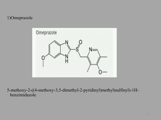 1)Omeprazole
5-methoxy-2-((4-methoxy-3,5-dimethyl-2-pyridinyl)methyl)sulfinyl)-1H-
benzimidazole
53
 