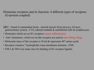 Histamine receptors and its function: 4 different types of receptors
(G-protein coupled)
H1 : found in mammalian brain , smooth muscle from airways, GI tract,
genitourinary system, CVS, adrenal medulla & endothelial cells & lymphocytes.
• Histamine which act on H1 receptors causes inflammation
• Anti- histamines, which act on this receptor are used as anti-allergy drugs
• Molecular mass of this receptor is 56 kd & represents 487 amino acids
• Receptor contains 7 hydrophobic trans-membrane domains (TM)
• TM-3 & TM-5 are main sites for binding of H1-receptor ligands.
7
 