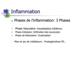 Inflammation
 Phases de l’inflammation: 3 Phases
1. Phase Vasculaire: Vasodilatation (Œdème)
2. Phase Cellulaire: Infiltration des leucocytes
3. Phase de Résolution: Cicatrisation
 Mise en jeu de médiateurs : Prostaglandines PG…
 