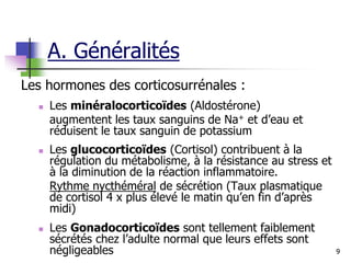9
A. Généralités
Les hormones des corticosurrénales :
 Les minéralocorticoïdes (Aldostérone)
augmentent les taux sanguins de Na+ et d’eau et
réduisent le taux sanguin de potassium
 Les glucocorticoïdes (Cortisol) contribuent à la
régulation du métabolisme, à la résistance au stress et
à la diminution de la réaction inflammatoire.
Rythme nycthéméral de sécrétion (Taux plasmatique
de cortisol 4 x plus élevé le matin qu’en fin d’après
midi)
 Les Gonadocorticoïdes sont tellement faiblement
sécrétés chez l’adulte normal que leurs effets sont
négligeables
 