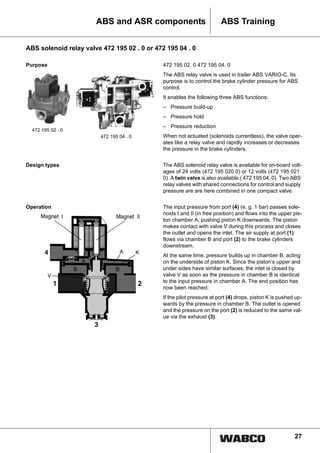 27
ABS TrainingABS and ASR components
ABS solenoid relay valve 472 195 02 . 0 or 472 195 04 . 0
Purpose 472 195 02. 0 472 195 04. 0
The ABS relay valve is used in trailer ABS VARIO-C. Its
purpose is to control the brake cylinder pressure for ABS
control.
It enables the following three ABS functions:
– Pressure build-up
– Pressure hold
– Pressure reduction
When not actuated (solenoids currentless), the valve oper-
ates like a relay valve and rapidly increases or decreases
the pressure in the brake cylinders.
Design types The ABS solenoid relay valve is available for on-board volt-
ages of 24 volts (472 195 020 0) or 12 volts (472 195 021
0). A twin valve is also available.( 472 195 04. 0). Two ABS
relay valves with shared connections for control and supply
pressure are are here combined in one compact valve.
Operation The input pressure from port (4) (e. g. 1 bar) passes sole-
noids I and II (in free position) and flows into the upper pis-
ton chamber A, pushing piston K downwards. The piston
makes contact with valve V during this process and closes
the outlet and opens the inlet. The air supply at port (1)
flows via chamber B and port (2) to the brake cylinders
downstream.
At the same time, pressure builds up in chamber B, acting
on the underside of piston K. Since the piston’s upper and
under sides have similar surfaces, the inlet is closed by
valve V as soon as the pressure in chamber B is identical
to the input pressure in chamber A. The end position has
now been reached.
If the pilot pressure at port (4) drops, piston K is pushed up-
wards by the pressure in chamber B. The outlet is opened
and the pressure on the port (2) is reduced to the same val-
ue via the exhaust (3).
472 195 02 . 0
472 195 04 . 0
 