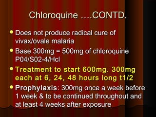 Chloroquine ….CONTD.Chloroquine ….CONTD.
Does not produce radical cure ofDoes not produce radical cure of
vivax/ovale malariavivax/ovale malaria
Base 300mg = 500mg of chloroquineBase 300mg = 500mg of chloroquine
P04/S02-4/HclP04/S02-4/Hcl
Treatment to start 600mg. 300mgTreatment to start 600mg. 300mg
each at 6, 24, 48 hours long t1/2each at 6, 24, 48 hours long t1/2
ProphylaxisProphylaxis: 300mg once a week before: 300mg once a week before
1 week & to be continued throughout and1 week & to be continued throughout and
at least 4 weeks after exposureat least 4 weeks after exposure
 