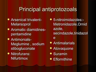 Principal antiprotozoalsPrincipal antiprotozoals
 Arsenical trivalent-Arsenical trivalent-
MelarsoprolMelarsoprol
 Aromatic diamidines-Aromatic diamidines-
pentamidinepentamidine
 Antimonials-Antimonials-
Meglumine , sodiumMeglumine , sodium
stibogluconatestibogluconate
 Nitrofurans:Nitrofurans:
NifurtimoxNifurtimox
 5-nitroimidazoles:-5-nitroimidazoles:-
Metronidazole,OrnidMetronidazole,Ornid
azole,azole,
secindazole,tinidazolsecindazole,tinidazol
ee
 AntimalarialsAntimalarials
 AtovaquoneAtovaquone
 SuraminSuramin
 EflornithineEflornithine
 