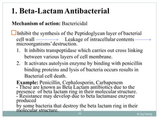 12
Mechanism of action: Bactericidal
Inhibit the synthesis of the Peptidoglycan layer of bacterial
cell wall Leakage of intracellular contents
microorganisms’destruction.
1. It inhibits transpeptidase which carries out cross linking
between various layers of cell membrane.
2. It activates autolysin enzyme by binding with penicillin
binding proteins and lysis of bacteria occurs results in
Bacterial cell death.
Example: Penicillin, Cephalosporin, Carbapenem
- These are known as Beta Lactam antibiotics due to the
presence of beta lactam ring in their molecular structure.
- Resistance may develop due to beta lactamase enzyme
produced
by some bacteria that destroy the beta lactam ring in their
molecular structure.
6/25/2023
11
1. Beta-LactamAntibacterial
 