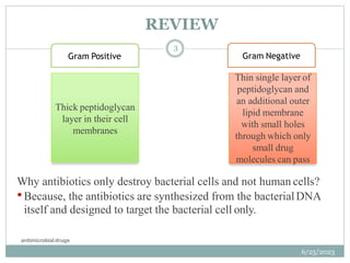 Why antibiotics only destroy bacterial cells and not human cells?
•Because, the antibiotics are synthesized from the bacterialDNA
itself and designed to target the bacterial cell only.
Thick peptidoglycan
layer in their cell
membranes
Thin single layer of
peptidoglycan and
an additional outer
lipid membrane
with small holes
through which only
small drug
molecules can pass
Gram Positive Gram Negative
antimicrobial drugs
REVIEW
6/25/2023
3
 