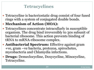 6/25/2023
30
Tetracyclines
 Tetracycline is bacteriostatic drug consist of four fused
rings with a system of conjugated double bonds.
 Mechanism of Action (MOA):
 Tetracyclines concentrate intracullarly in susceptible
organism. The drug bind irreversibly to 30s subunit of
bacterial ribosome. This action prevents binding of
tRNA to mRNA-ribosome complex.
 Antibacterial Spectrum: Effective against gram
+ve, gram –ve bacteria, protozoa, spirochetes,
mycobacteria and Chlamydia infections.
 Drugs: Demeclocycline, Doxycycline, Minocycline,
Tetracycline.
 