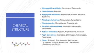 CHEMICAL
STRUCTURE
 Glycopeptide antibiotics: Vancomycin, Teicoplanin.
 Oxazolidinone: Linezolid.
 Polypeptide antibiotics: Polymyxin-B, Colistin, Bacitracin,
Tyrothricin.
 Nitrofuran derivatives: Nitrofurantoin, Furazolidone.
 Nitroimidazoles: Metronidazole, Tinidazole, etc.
 Nicotinic acid derivatives: Isoniazid, Pyrazinamide,
Ethionamide.
 Polyene antibiotics: Nystatin, Amphotericin-B, Hamycin.
 Azole derivatives: Miconazole, Clotrimazole, Ketoconazole,
Fluconazole.
 Others: Rifampin, Spectinomycin, Sod. fusidate,
Cycloserine, Viomycin, Ethambutol, Thiacetazone,
Clofazimine, Griseofulvin.
14
 