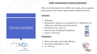 CEPHALOSPORINS
FIRST GENERATION CEPHALOSPORINS:
These were developed in the 1960s, have high activity against
gram-positive but weaker against gram-negative bacteria.
Cefazolin:
 Prototype.
 Streptococci, gonococci, meningococci, C. diphtheriae, H.
influenzae, clostridia and Actinomyces.
 Parenteral. (i.m. and i.v.)
 Used in case of surgical prophylaxis.
 Long t½ (2 hours).
Cephalexin:
 Most commonly used orally effective,.
 Excreted unchanged in urine.
 t½ ~60 min.
35
 
