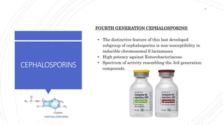 CEPHALOSPORINS
FOURTH GENERATION CEPHALOSPORINS:
 The distinctive feature of this last developed
subgroup of cephalosporins is non-susceptibility to
inducible chromosomal β lactamases
 High potency against Enterobacteriaceae
 Spectrum of activity resembling the 3rd generation
compounds.
38
 