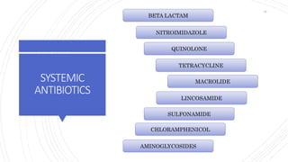 SYSTEMIC
ANTIBIOTICS
BETA LACTAM
NITROIMIDAZOLE
QUINOLONE
TETRACYCLINE
MACROLIDE
SULFONAMIDE
CHLORAMPHENICOL
AMINOGLYCOSIDES
LINCOSAMIDE
42
 
