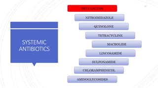 SYSTEMIC
ANTIBIOTICS
BETA LACTAM
NITROIMIDAZOLE
QUINOLONE
TETRACYCLINE
MACROLIDE
SULFONAMIDE
CHLORAMPHENICOL
AMINOGLYCOSIDES
LINCOSAMIDE
50
 