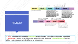 HISTORY
In 2014, a new antibiotic named Teixobactin was discovered against multi-resistant organisms.
In August 2019, The U.S. Food and Drug Administration approved Xenleta (lefamulin) to treat
adults with community-acquired bacterial pneumonia.
6
 