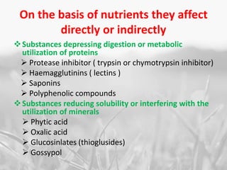 On the basis of nutrients they affect
directly or indirectly
Substances depressing digestion or metabolic
utilization of proteins
 Protease inhibitor ( trypsin or chymotrypsin inhibitor)
 Haemagglutinins ( lectins )
 Saponins
 Polyphenolic compounds
Substances reducing solubility or interfering with the
utilization of minerals
 Phytic acid
 Oxalic acid
 Glucosinlates (thioglusides)
 Gossypol
 