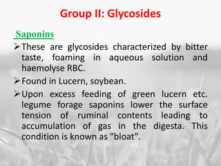 Group II: Glycosides
Saponins
These are glycosides characterized by bitter
taste, foaming in aqueous solution and
haemolyse RBC.
Found in Lucern, soybean.
Upon excess feeding of green lucern etc.
legume forage saponins lower the surface
tension of ruminal contents leading to
accumulation of gas in the digesta. This
condition is known as "bloat".
 