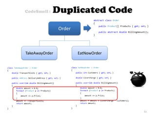 Order
TakeAwayOrder EatNowOrder
CodeSmell : Duplicated Code
51
 