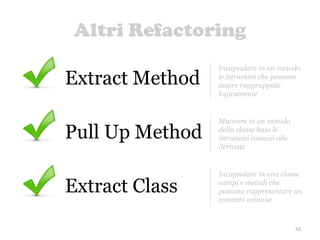 Altri Refactoring
53
Extract Method
Extract Class
Pull Up Method
Incapsulare in un metodo
le istruzioni che possono
essere raggruppate
logicamente
Muovere in un metodo
della classe base le
istruzioni comuni alle
derivate
Incapsulare in una classe
campi e metodi che
possono rappresentare un
concetto comune
 