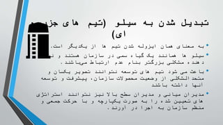 ‫سیلو‬ ‫به‬ ‫شدن‬ ‫تبدیل‬
(
‫جزیره‬ ‫های‬ ‫تیم‬
‫ای‬
)
•
‫است‬ ‫یکدیگر‬ ‫از‬ ‫ها‬ ‫تیم‬ ‫شدن‬ ‫ایزوله‬ ‫همان‬ ‫معنای‬ ‫به‬
.
•
‫نشان‬ ‫و‬ ‫هستند‬ ‫سازمان‬ ‫در‬ ‫سمی‬ ‫گیاه‬ ‫یک‬ ‫همانند‬ ‫ها‬ ‫سیلو‬
‫باشند‬‫می‬ ‫ارتباط‬ ‫عدم‬ ‫بنام‬ ‫بزرگتر‬ ‫مشکلی‬ ‫دهنده‬
.
•
‫و‬ ‫یکسان‬ ‫تصویر‬ ‫نتوانند‬ ‫توسعه‬ ‫های‬ ‫تیم‬ ‫شود‬ ‫می‬ ‫باعث‬
‫توسعه‬ ‫و‬ ‫پیشرفت‬ ،‫سازمان‬ ‫محصوالت‬ ‫وضعیت‬ ‫از‬ ‫متحدالشکلی‬
‫باشند‬ ‫داشته‬ ‫آنها‬
•
‫استراتژی‬ ‫نتوانند‬ ‫نیز‬ ‫باال‬ ‫سطح‬ ‫مدیران‬ ‫و‬ ‫میانی‬ ‫مدیران‬
‫و‬ ‫جمعی‬ ‫حرکت‬ ‫با‬ ‫و‬ ‫یکپارچه‬ ‫صورت‬ ‫به‬ ‫را‬ ‫شده‬ ‫تعیین‬ ‫های‬
‫آورند‬ ‫در‬ ‫اجرا‬ ‫به‬ ‫سازمان‬ ‫منظم‬
.
 