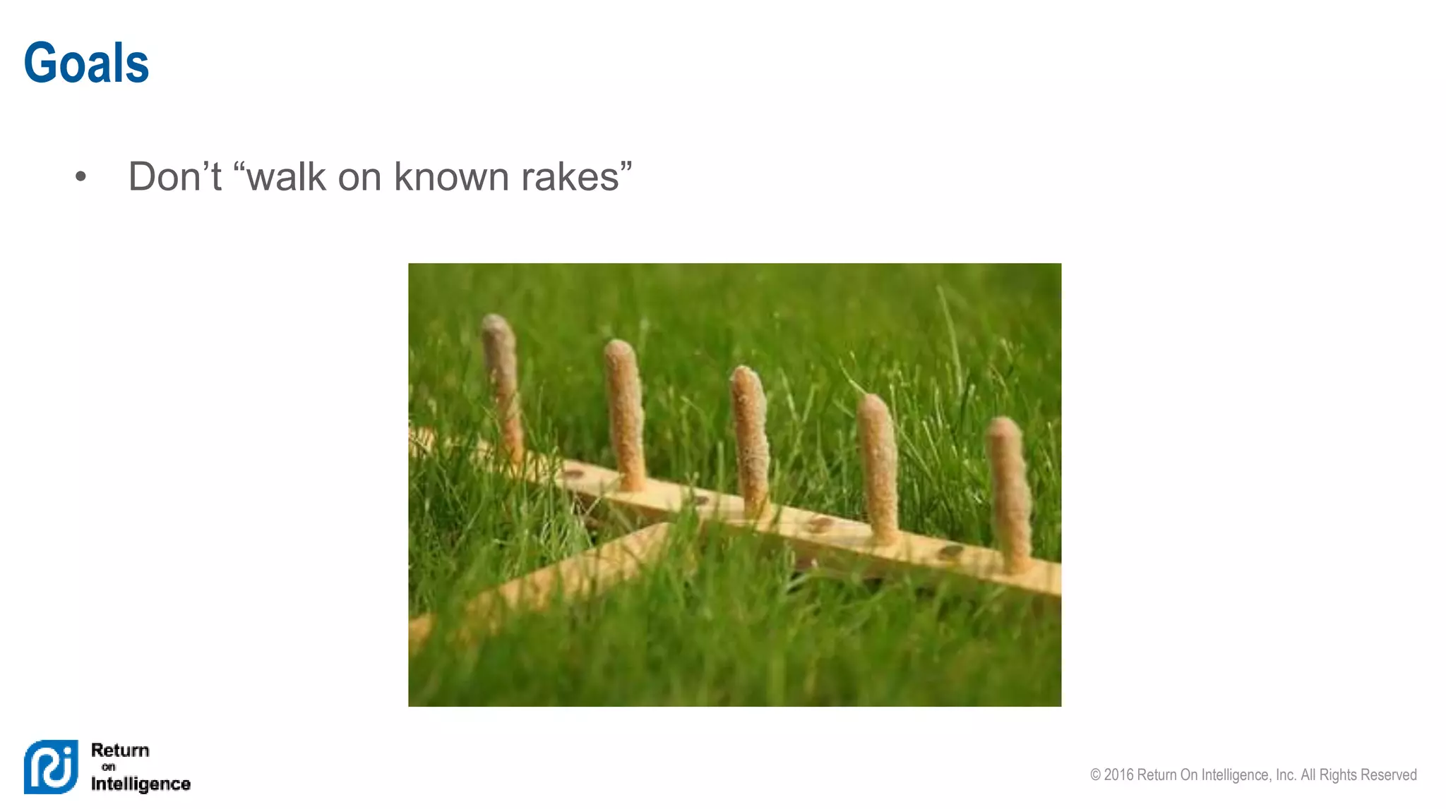 © 2016 Return On Intelligence, Inc. All Rights Reserved
• Don’t “walk on known rakes”
Goals
 