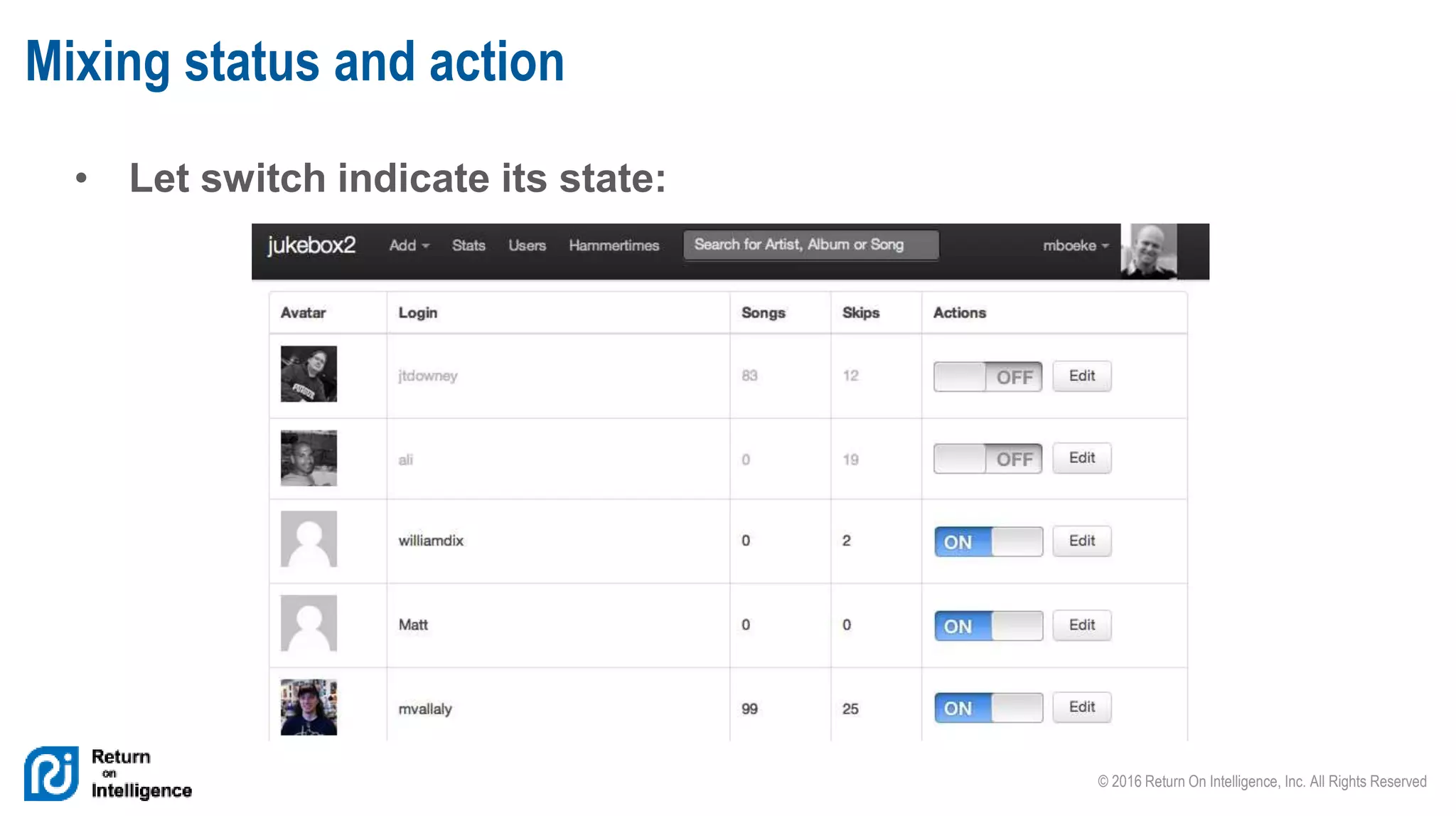 © 2016 Return On Intelligence, Inc. All Rights Reserved
• Let switch indicate its state:
Mixing status and action
 
