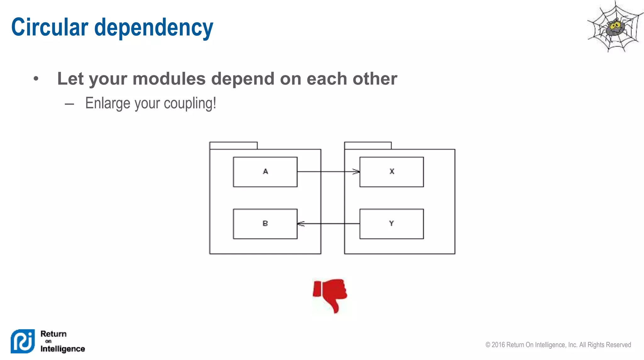 © 2016 Return On Intelligence, Inc. All Rights Reserved
• Let your modules depend on each other
– Enlarge your coupling!
Circular dependency
 