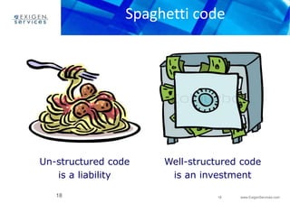Spaghetti code 
18 www.ExigenServices.com 
Un-structured code 
is a liability 
18 
Well-structured code 
is an investment 
 