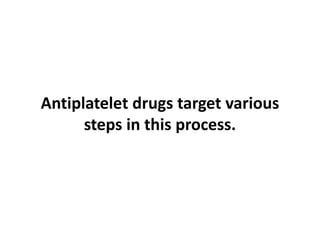 Antiplatelet drugs target various
steps in this process.
 
