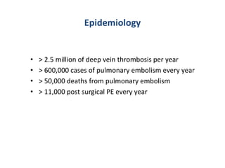 Epidemiology
• > 2.5 million of deep vein thrombosis per year
• > 600,000 cases of pulmonary embolism every year
• > 50,000 deaths from pulmonary embolism
• > 11,000 post surgical PE every year
 