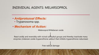 INDIVIDUAL AGENTS: MELARSOPROL
• Antiprotozoal Effects:
• Trypanosoma spp.
• Mechanism of Action:
MelarsoprolMelarsen oxide
React avidly and reversibly with vicinal sulfhydryl groups and thereby inactivate many
enzymes (melarsen oxide–trypanothione adduct that inhibits trypanothione reductase)
Free radical damage
 