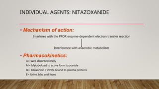 INDIVIDUAL AGENTS: NITAZOXANIDE
• Mechanism of action:
Interferes with the PFOR enzyme-dependent electron transfer reaction
Interference with anaerobic metabolism
• Pharmacokinetics:
A= Well absorbed orally
M= Metabolized to active form tizoxanide
D= Tizoxanide >99.9% bound to plasma proteins
E= Urine, bile, and feces
 