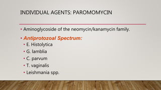 INDIVIDUAL AGENTS: PAROMOMYCIN
• Aminoglycoside of the neomycin/kanamycin family.
• Antiprotozoal Spectrum:
• E. Histolytica
• G. lamblia
• C. parvum
• T. vaginalis
• Leishmania spp.
 