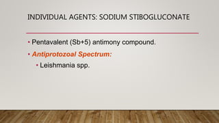 INDIVIDUAL AGENTS: SODIUM STIBOGLUCONATE
• Pentavalent (Sb+5) antimony compound.
• Antiprotozoal Spectrum:
• Leishmania spp.
 