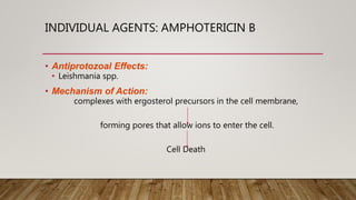 INDIVIDUAL AGENTS: AMPHOTERICIN B
• Antiprotozoal Effects:
• Leishmania spp.
• Mechanism of Action:
complexes with ergosterol precursors in the cell membrane,
forming pores that allow ions to enter the cell.
Cell Death
 