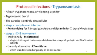 Protozoal Infections -Trypanosomiasis
• African trypanosomiasis, or "sleeping sickness"
• Trypanosoma brucei
• The parasite is entirely extracellular
• stage 1 : early human infection
• Pentamidine for T. brucei gambiense and Suramin for T. brucei rhodesiense
• stage 2 : CNS involvement
• Traditionally : Melarsoprol
• a highly toxic agent that causes a fatal reactive encephalopathy in 2-10% of treated
patients
• the only alternative : Eflornithine
• which was developed originally as an anticancer 10
 