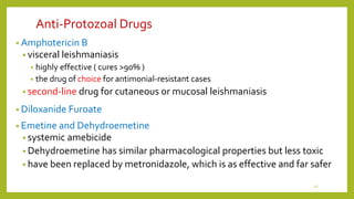 Anti-Protozoal Drugs
• Amphotericin B
• visceral leishmaniasis
• highly effective ( cures >90% )
• the drug of choice for antimonial-resistant cases
• second-line drug for cutaneous or mucosal leishmaniasis
• Diloxanide Furoate
• Emetine and Dehydroemetine
• systemic amebicide
• Dehydroemetine has similar pharmacological properties but less toxic
• have been replaced by metronidazole, which is as effective and far safer
13
 