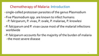 Chemotherapy of Malaria: Introduction
•single-celled protozoan parasites of the genus Plasmodium
•Five Plasmodium spp. are known to infect humans:
•P. falciparum, P. vivax, P. ovale, P. malariae, P. knowlesi
•P. falciparum and P. vivax cause most of the malarial infections
worldwide
•P. falciparum accounts for the majority of the burden of malaria
•the most severe disease
21
 