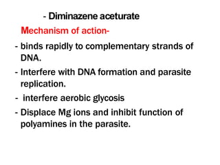 - Diminazene aceturate
Mechanism of action-
- binds rapidly to complementary strands of
DNA.
- Interfere with DNA formation and parasite
replication.
- interfere aerobic glycosis
- Displace Mg ions and inhibit function of
polyamines in the parasite.
 