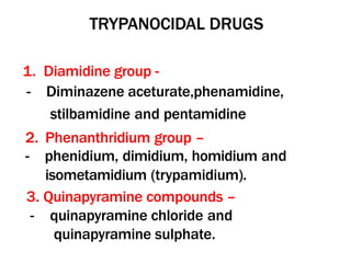 TRYPANOCIDAL DRUGS
1. Diamidine group -
- Diminazene aceturate,phenamidine,
stilbamidine and pentamidine
2. Phenanthridium group –
- phenidium, dimidium, homidium and
isometamidium (trypamidium).
3. Quinapyramine compounds –
- quinapyramine chloride and
quinapyramine sulphate.
 