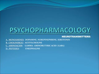 NEUROTRANSMITTERS:
A. MONOAMINES: DOPAMINE, NOREPINEPHRINE, SEROTONIN
B. CHOLINERGIC: ACETYLCHOLINE
C. AMINOACIDS: GAMMA- AMINOBUTYRIC ACID ( GABA)
D. PEPTIDES: ENKEPHALINS
 