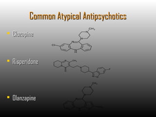 Common Atypical AntipsychoticsCommon Atypical Antipsychotics
 ClozapineClozapine
 RisperidoneRisperidone
 OlanzapineOlanzapine
 
