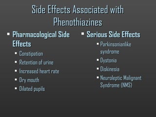 Side Effects Associated withSide Effects Associated with
PhenothiazinesPhenothiazines
• Pharmacological SidePharmacological Side
EffectsEffects
• ConstipationConstipation
• Retention of urineRetention of urine
• Increased heart rateIncreased heart rate
• Dry mouthDry mouth
• Dilated pupilsDilated pupils
 Serious Side EffectsSerious Side Effects
• ParkinsonianlikeParkinsonianlike
syndromesyndrome
• DystoniaDystonia
• DiskinesiaDiskinesia
• Neuroleptic MalignantNeuroleptic Malignant
Syndrome (NMS)Syndrome (NMS)
 