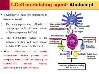 T-Cell modulating agent: Abatacept
• T lymphocytes need two interactions to
become activated:
1. The antigen-presenting cell (that is,
macrophages or B cells) must interact
with the receptor on the T cell
2. The CD80/CD86 protein on the
antigen-presenting cell must interact
with the CD28 protein on the T cell.
• MOA: Abatacept is a soluble
recombinant fusion protein that
competes with CD28 for binding on
CD80/CD86 protein, thereby
preventing full T-cell activation.
 